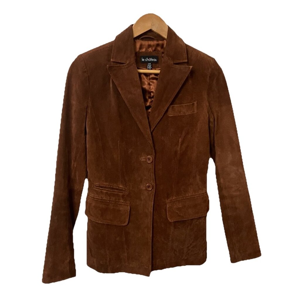 Y2K le Chateau Suede Blazer Jacket Womens XS Brown Leather Western 2000s Vintage